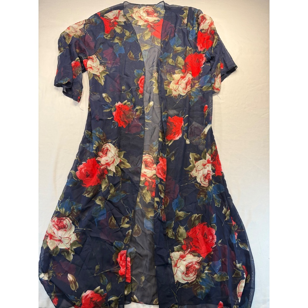 Womens Floral Mesh Duster Cardigan Navy Blue Red Rose Open Front Kimono Cover Up